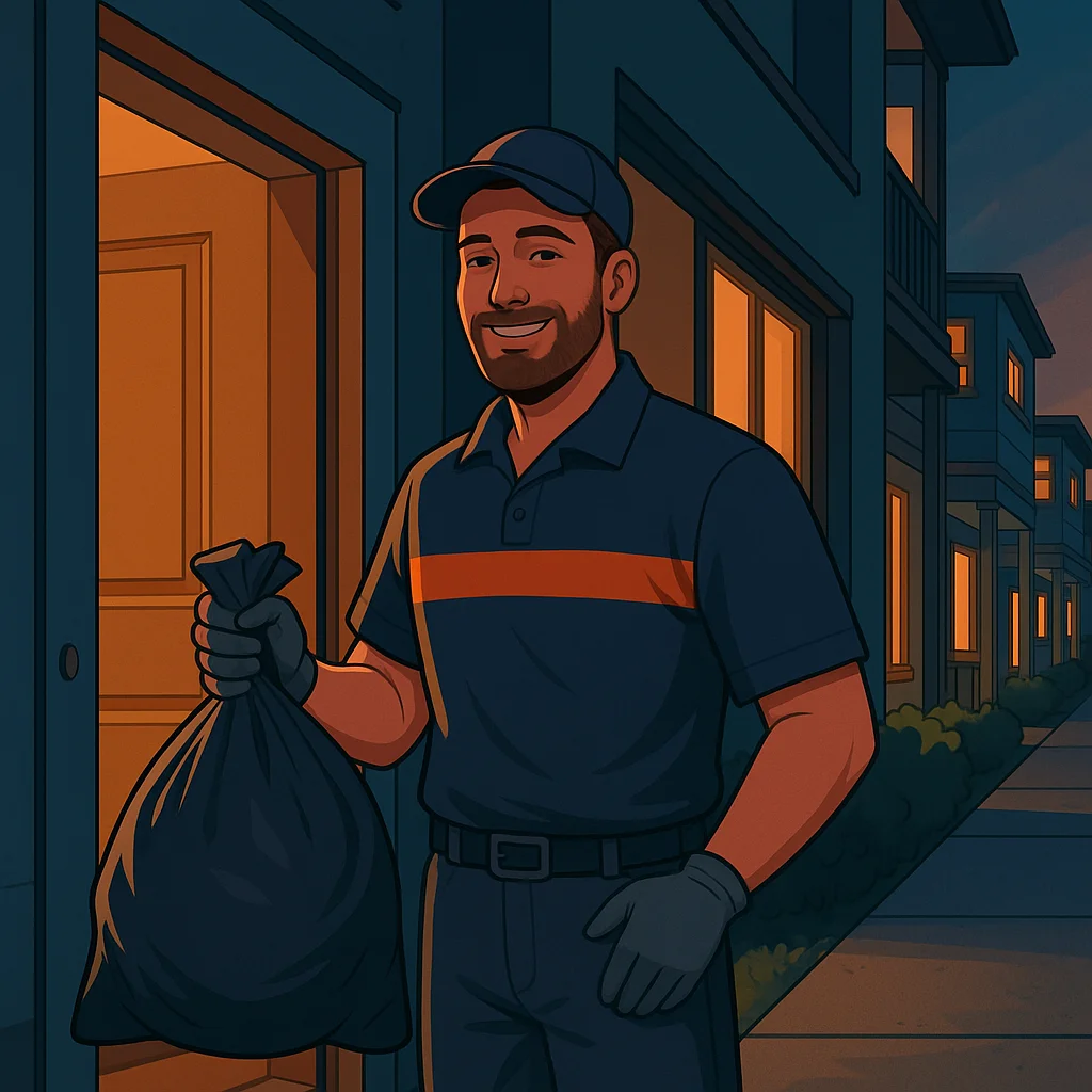 Friendly service professional holding a trash bag
